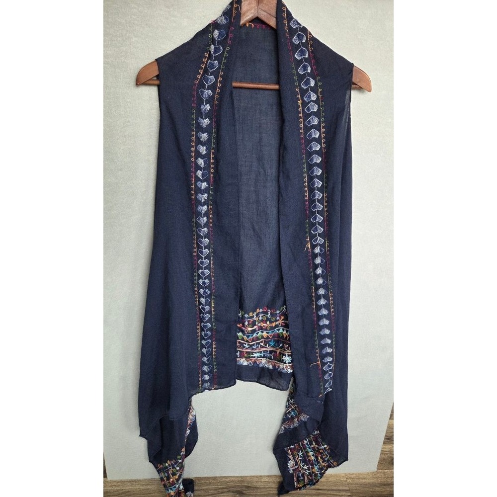 Embroidered Boho Vest Duster One Size Navy Open Kimono Festival Hippie Cottage